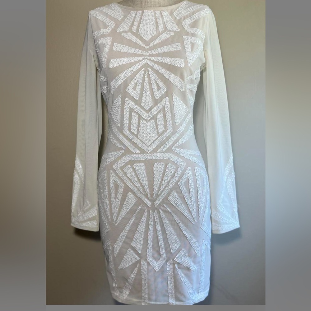 Lipsy White Long Sleeve Dress with Geometric Design